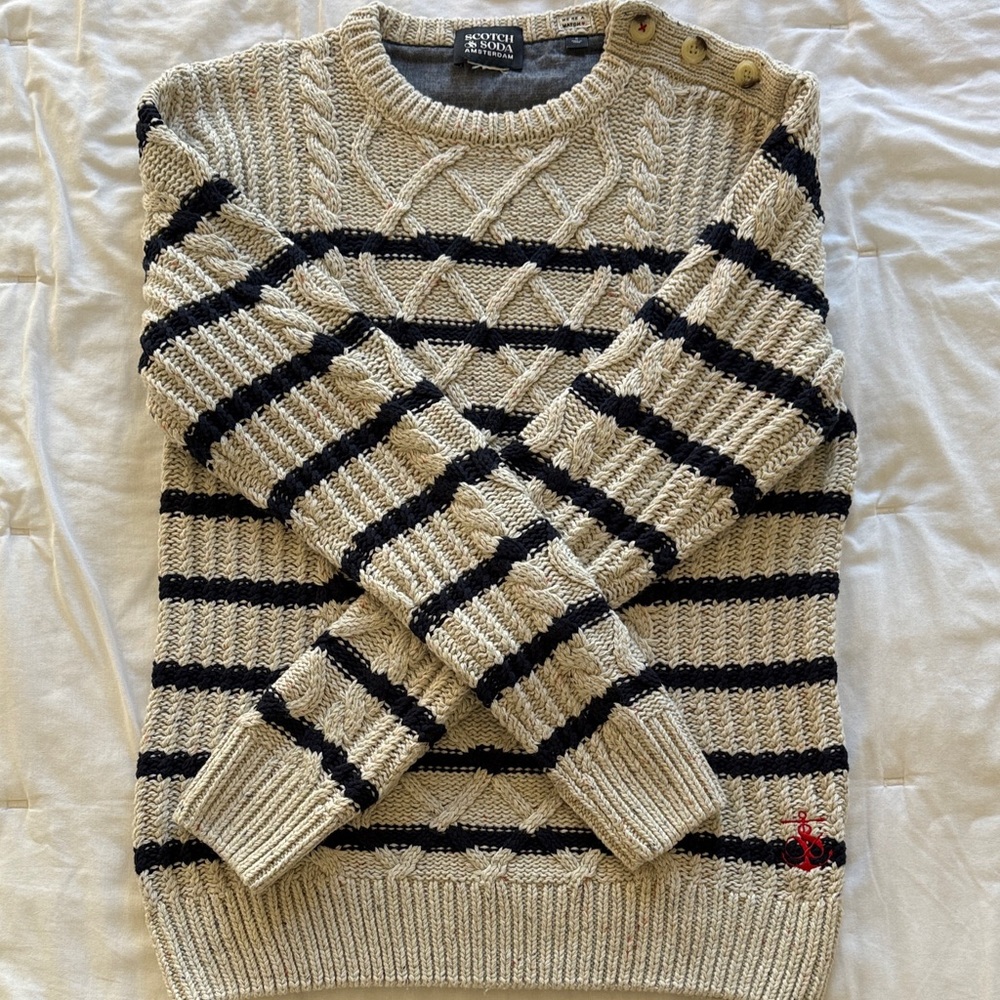 Scotch & Soda Beige and Blue Striped Crewneck Sweater